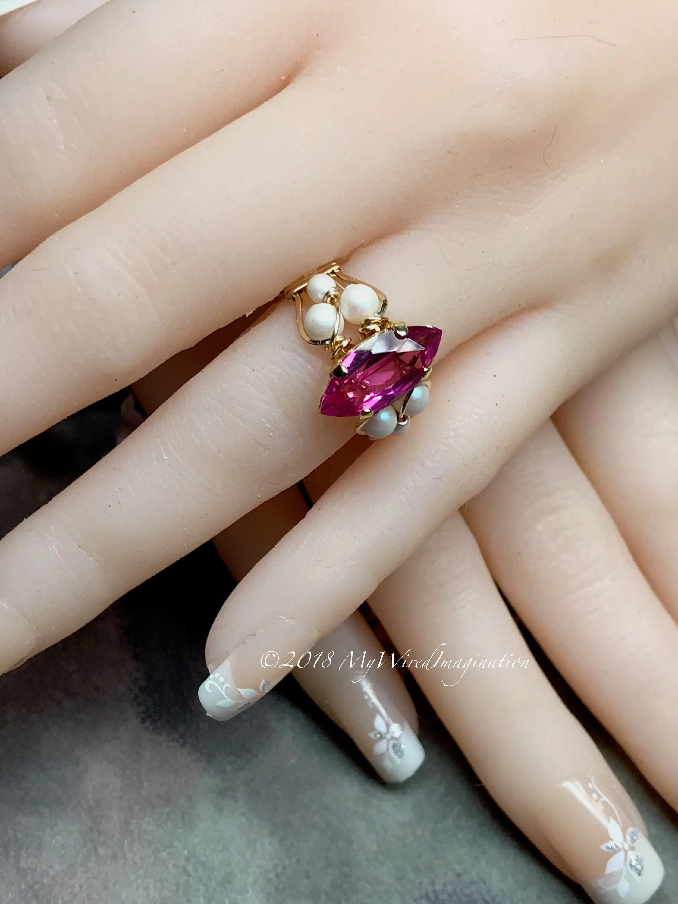 Hot Pink Sapphire and Swarovski Pearl Handmade Ring 14K GF US Size 5