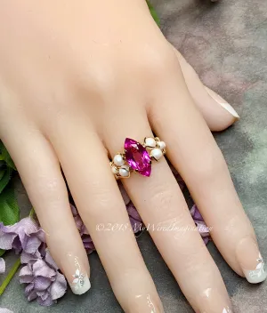 Hot Pink Sapphire and Swarovski Pearl Handmade Ring 14K GF US Size 5