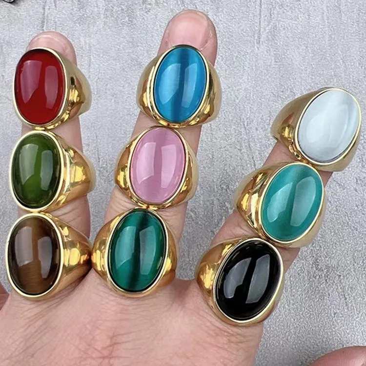 Imitation Natural Agate Inlaid Color Gemstone Ring Men's Retro Domineering Fashion Simple Imitation Cat's Eye Stone