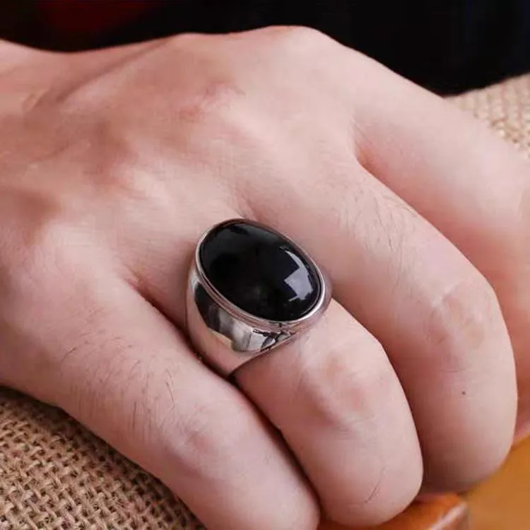 Imitation Natural Agate Inlaid Color Gemstone Ring Men's Retro Domineering Fashion Simple Imitation Cat's Eye Stone