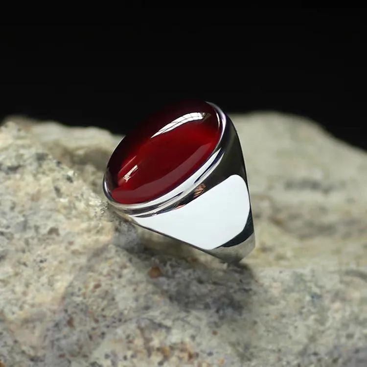 Imitation Natural Agate Inlaid Color Gemstone Ring Men's Retro Domineering Fashion Simple Imitation Cat's Eye Stone