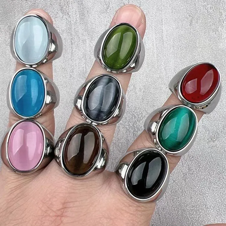 Imitation Natural Agate Inlaid Color Gemstone Ring Men's Retro Domineering Fashion Simple Imitation Cat's Eye Stone