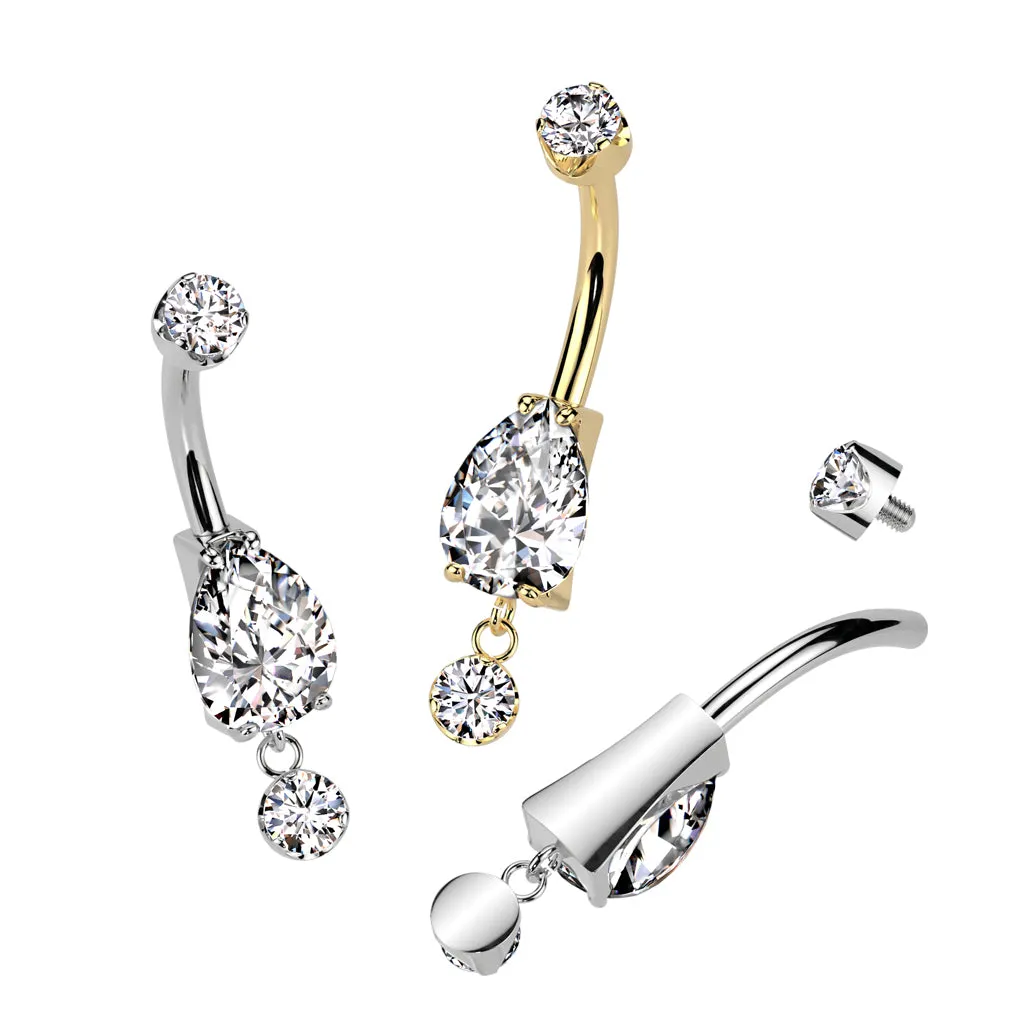 Implant Grade Titanium Gold PVD White CZ Teardrop Circle Dangle Belly Ring
