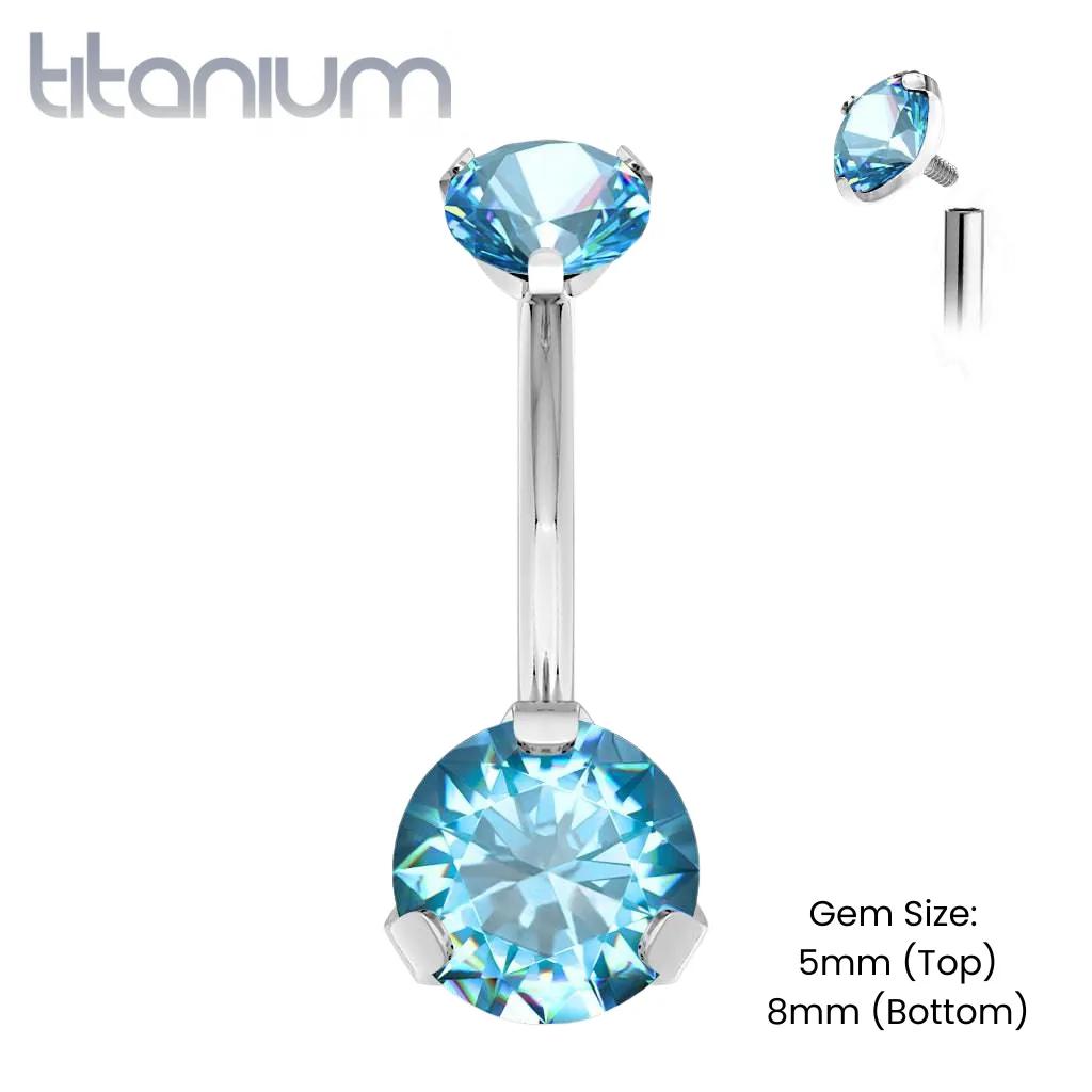 Implant Grade Titanium Internally Threaded Aqua CZ Prong Belly Button Navel Ring