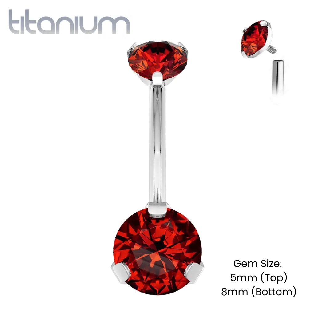Implant Grade Titanium Internally Threaded Red CZ Prong Belly Button Navel Ring