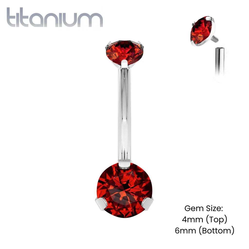 Implant Grade Titanium Internally Threaded Red CZ Prong Belly Button Navel Ring