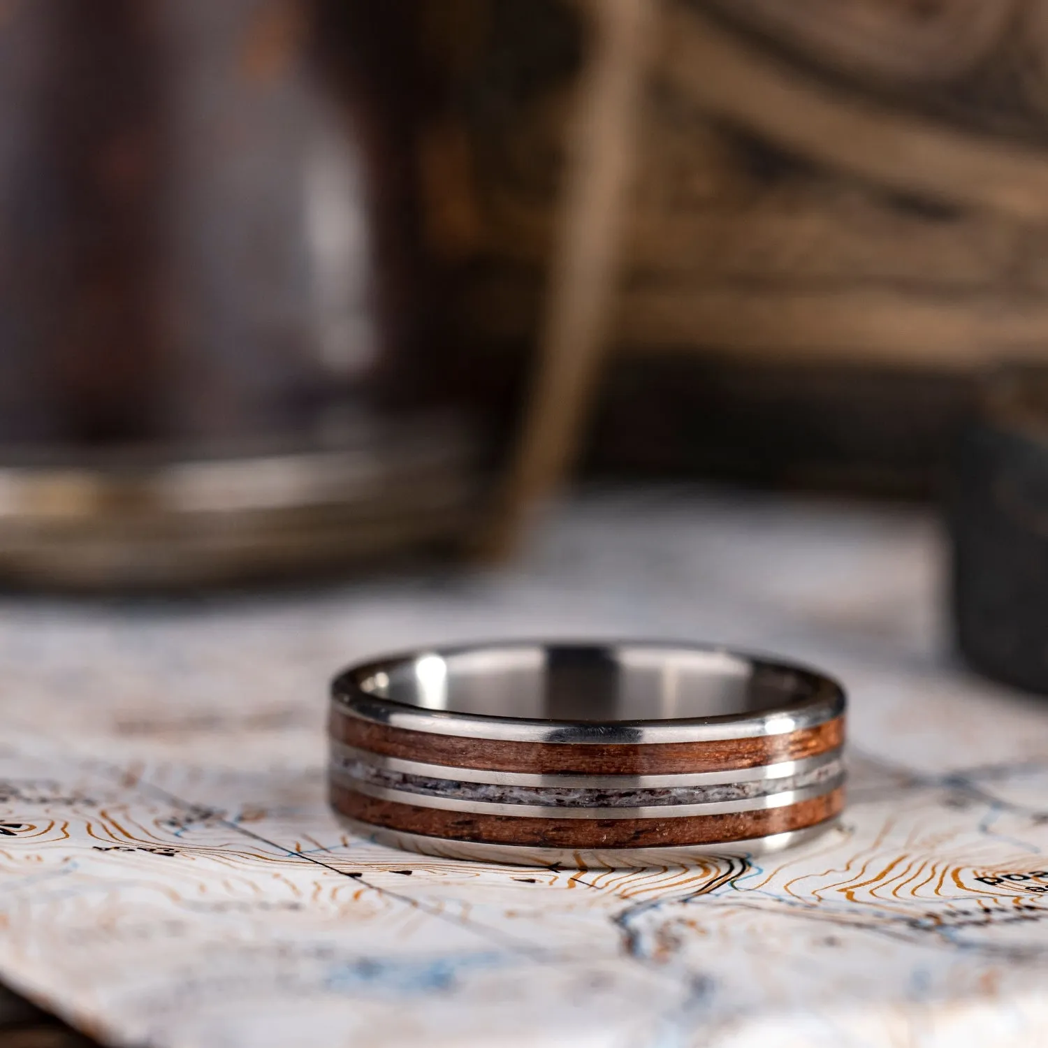 (In-Stock) The Stag | Men's Titanium Wedding Band with Walnut Wood & Elk Antler - Size 13 | 8mm Wide