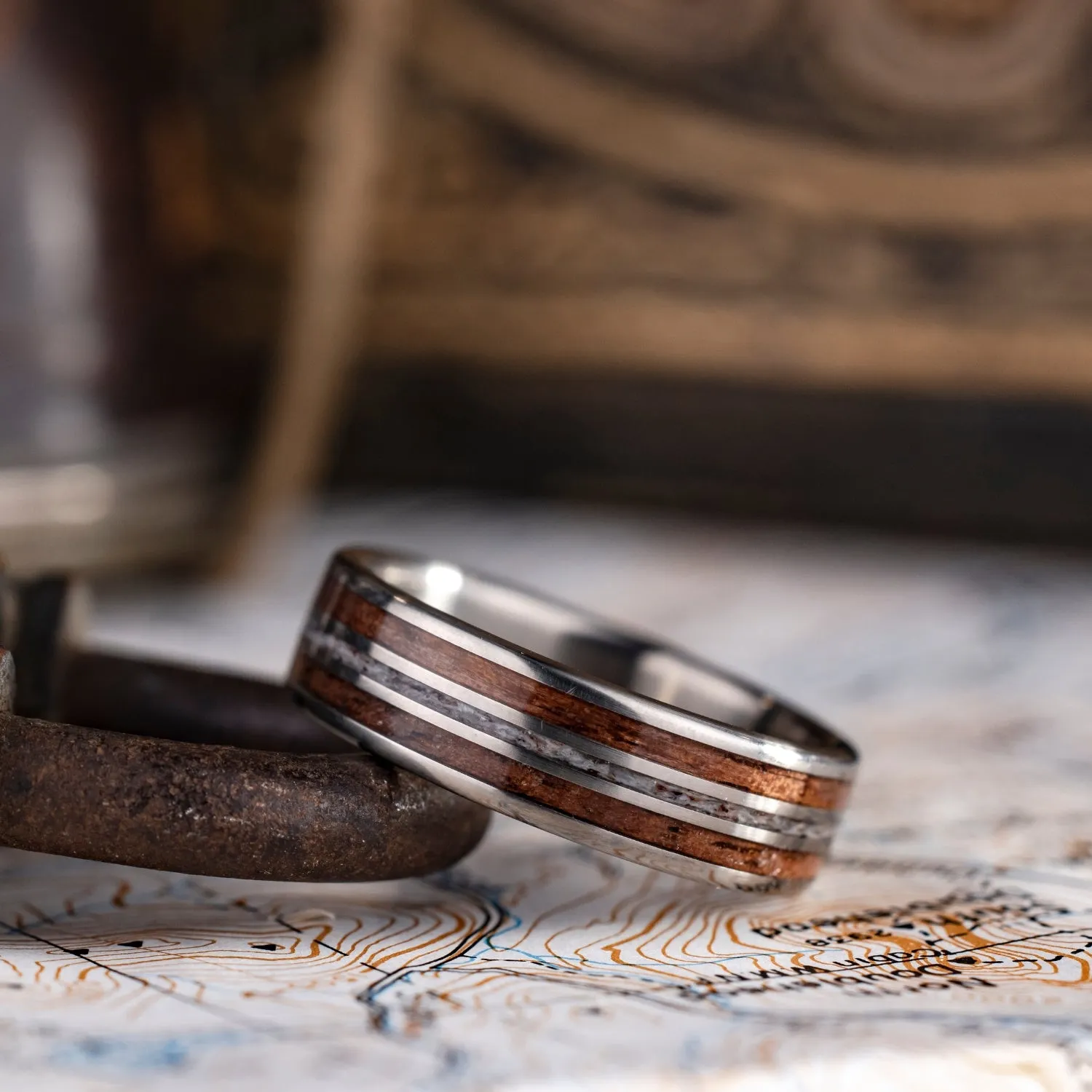 (In-Stock) The Stag | Men's Titanium Wedding Band with Walnut Wood & Elk Antler - Size 13 | 8mm Wide