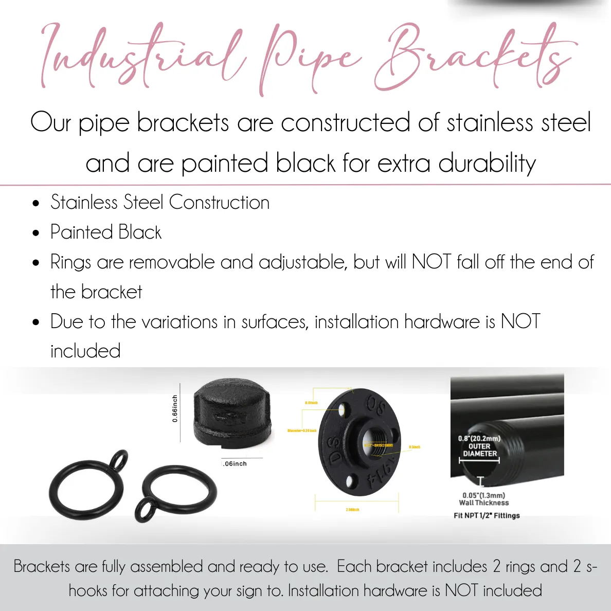 Industrial Pipe Bracket with Adjustable Rings for Custom Signage- 1/2" x 24"- BRACKET ONLY