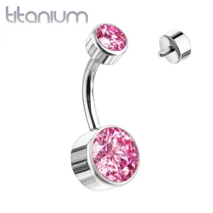 Internally Threaded Grade Titanium Bezel Pink Gem Belly Ring
