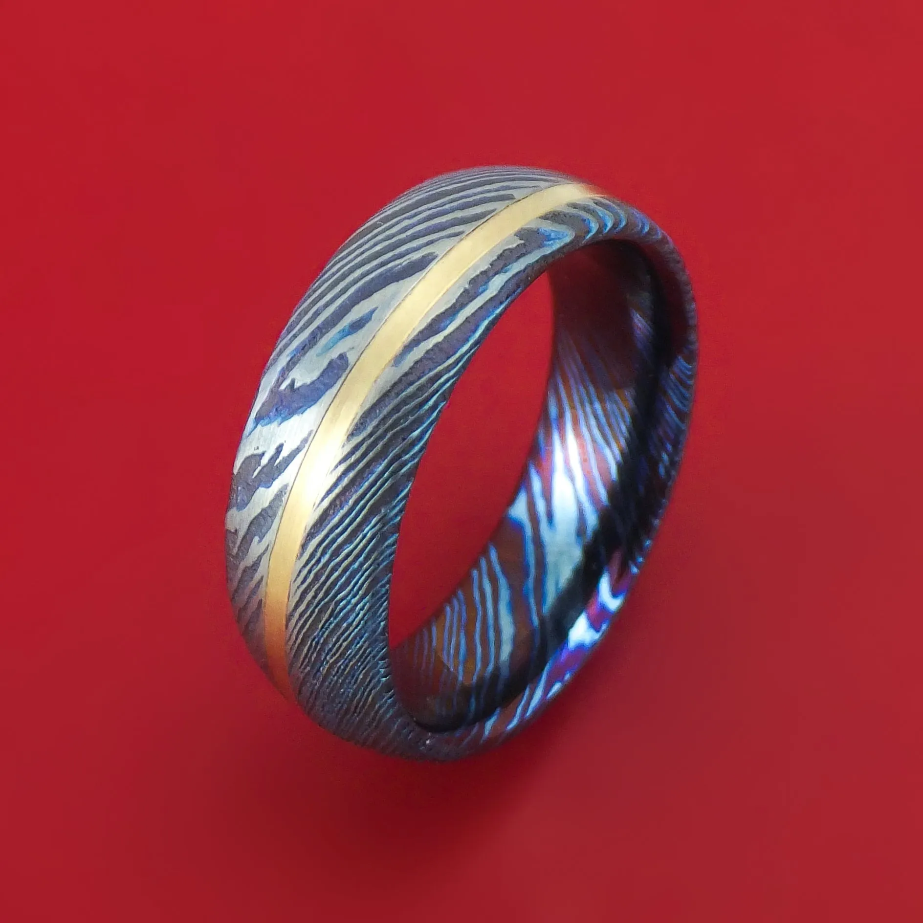 Kuro-Ti Twisted Titanium Etched and Heat-Treated Ring with Angled 14K Gold Inlay Custom Made Band