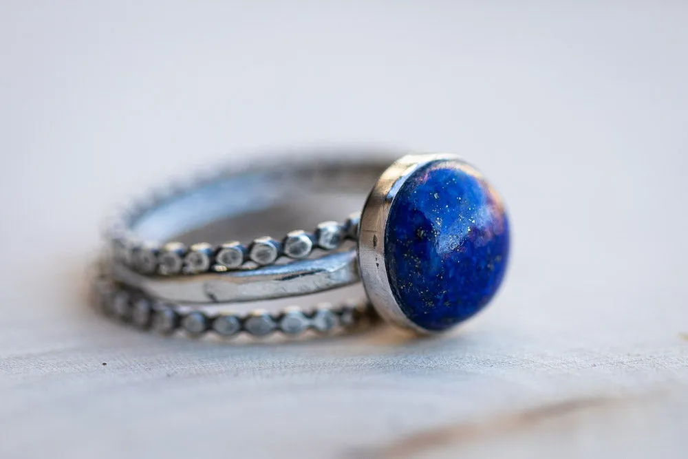 Lapis Lazuli Stack Ring Set | Hand-Hammered Solid Fine Silver Jewelry