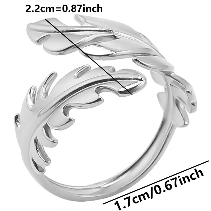 Leaf Shape Open Adjustable Rings For Women Stainless Steel Fashion Feather Shape Finger Rings Jewelry