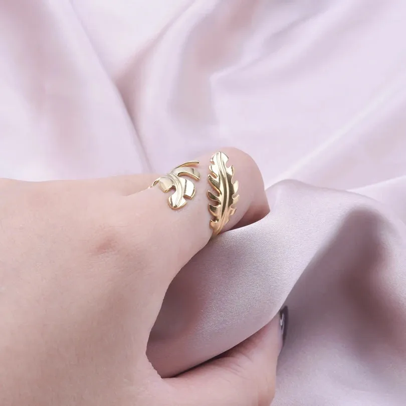 Leaf Shape Open Adjustable Rings For Women Stainless Steel Fashion Feather Shape Finger Rings Jewelry