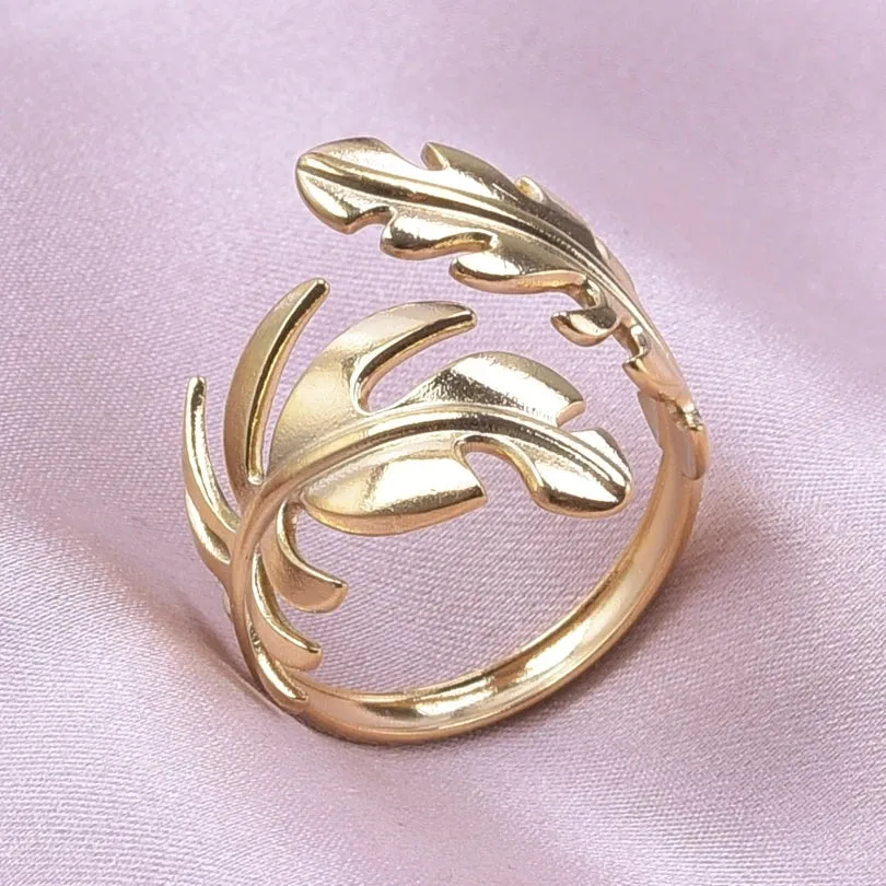 Leaf Shape Open Adjustable Rings For Women Stainless Steel Fashion Feather Shape Finger Rings Jewelry
