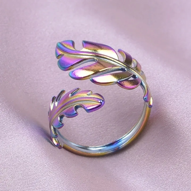 Leaf Shape Open Adjustable Rings For Women Stainless Steel Fashion Feather Shape Finger Rings Jewelry
