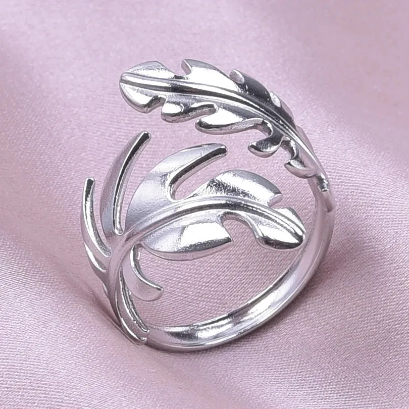Leaf Shape Open Adjustable Rings For Women Stainless Steel Fashion Feather Shape Finger Rings Jewelry