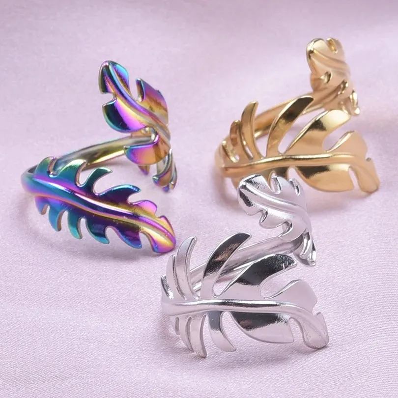 Leaf Shape Open Adjustable Rings For Women Stainless Steel Fashion Feather Shape Finger Rings Jewelry