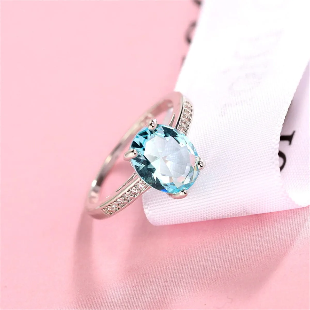 Light Blue Crystal & Cubic Zirconia Silver-Plated Ring