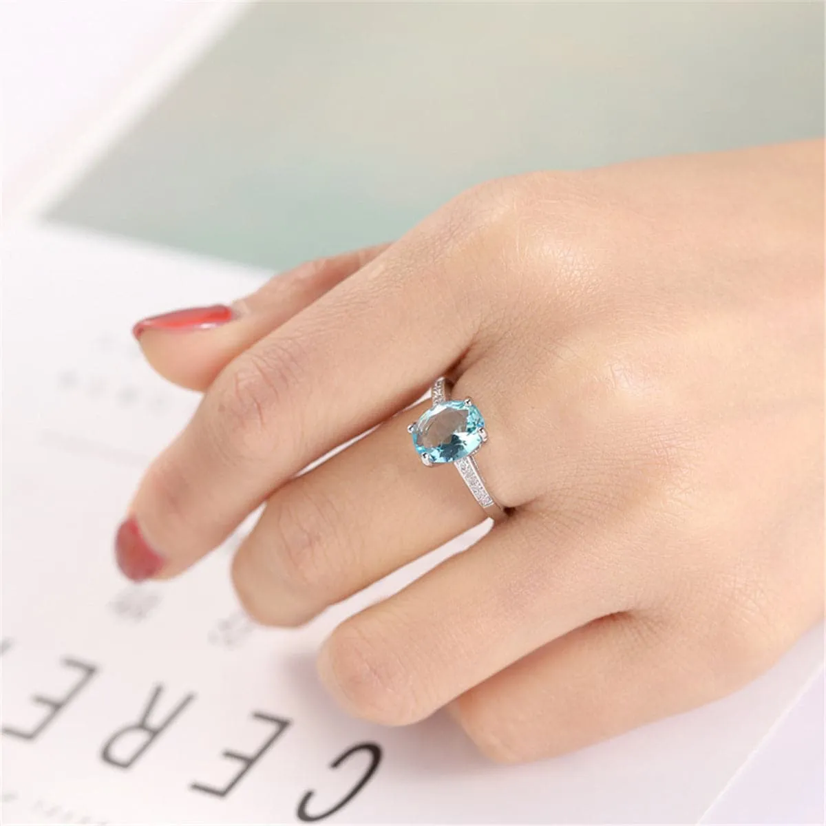 Light Blue Crystal & Cubic Zirconia Silver-Plated Ring
