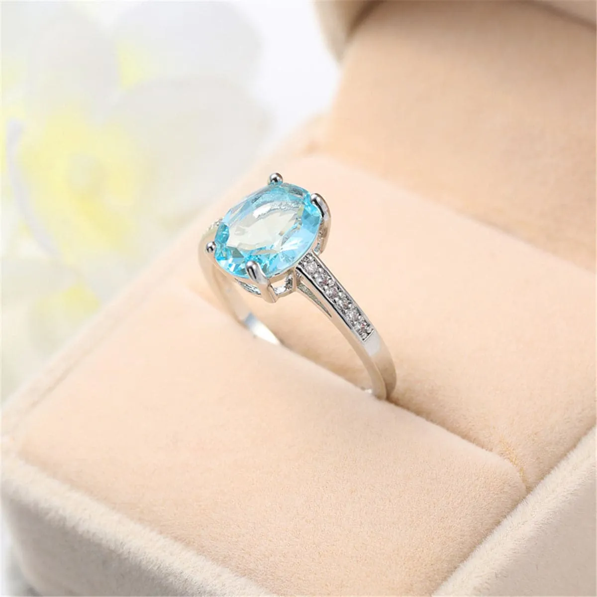 Light Blue Crystal & Cubic Zirconia Silver-Plated Ring