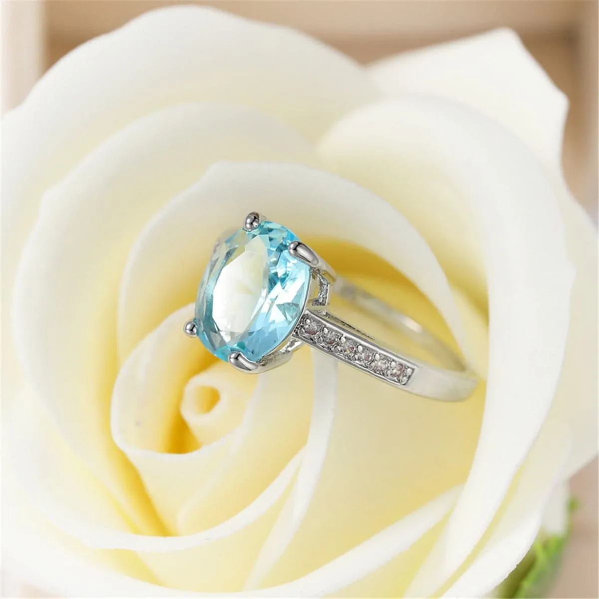 Light Blue Crystal & Cubic Zirconia Silver-Plated Ring