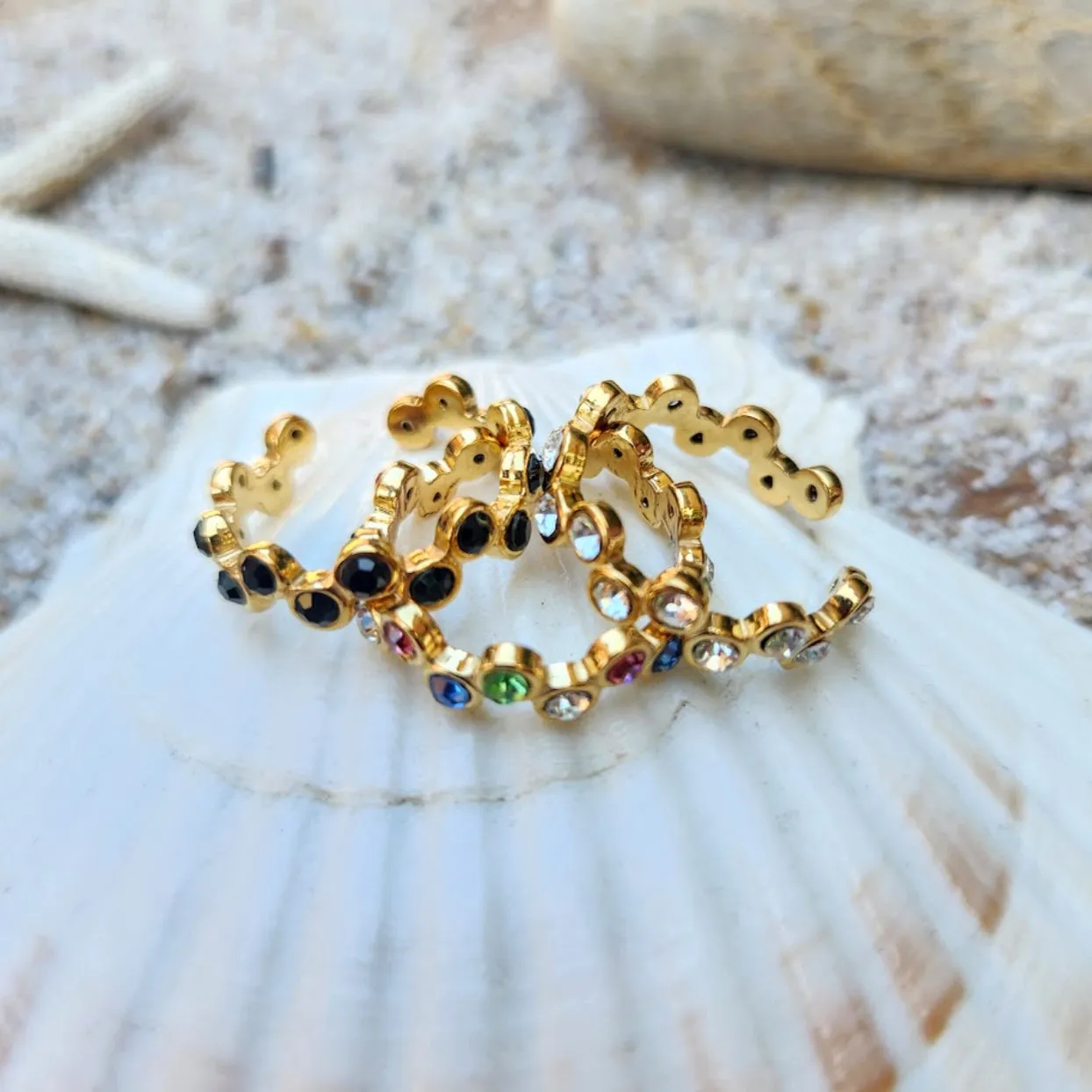 LITTLE WAVES  - ADJUSTABLE BLACK / RAINBOW / CRYSTAL WATERPROOF GOLD RINGS