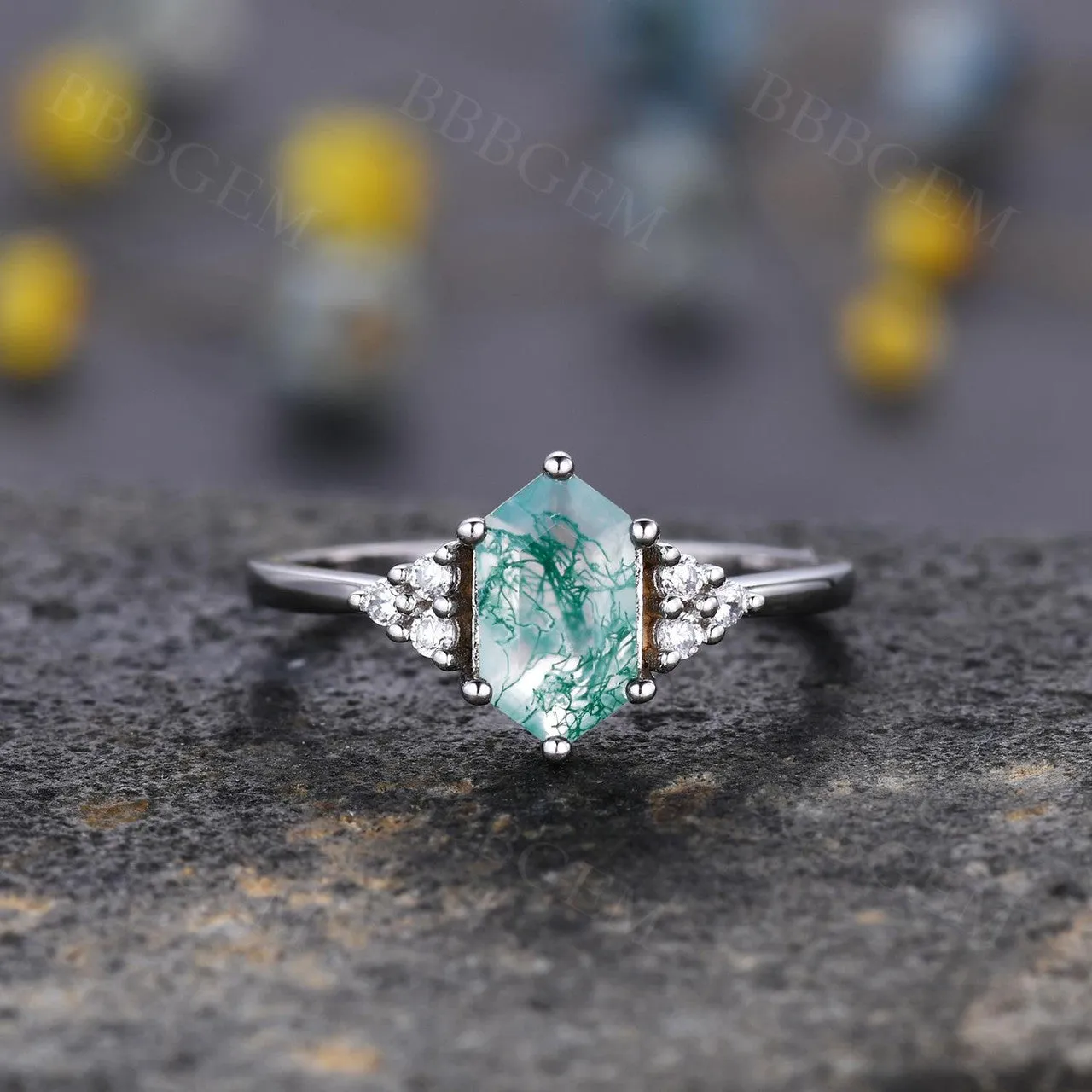 Long Hexagon Cut Moss Agate Engagement Ring With Cluster Diamond Accents Green Crystal Elongated White Gold