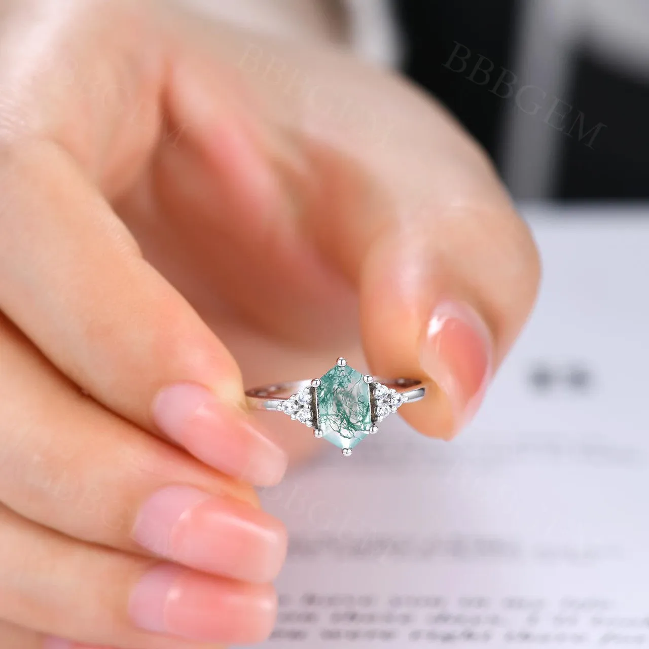 Long Hexagon Cut Moss Agate Engagement Ring With Cluster Diamond Accents Green Crystal Elongated White Gold