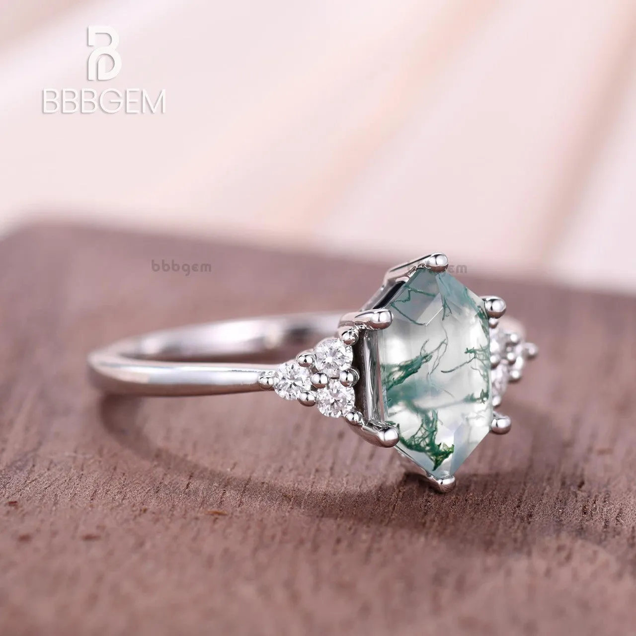 Long Hexagon Cut Moss Agate Engagement Ring With Cluster Diamond Accents Green Crystal Elongated White Gold