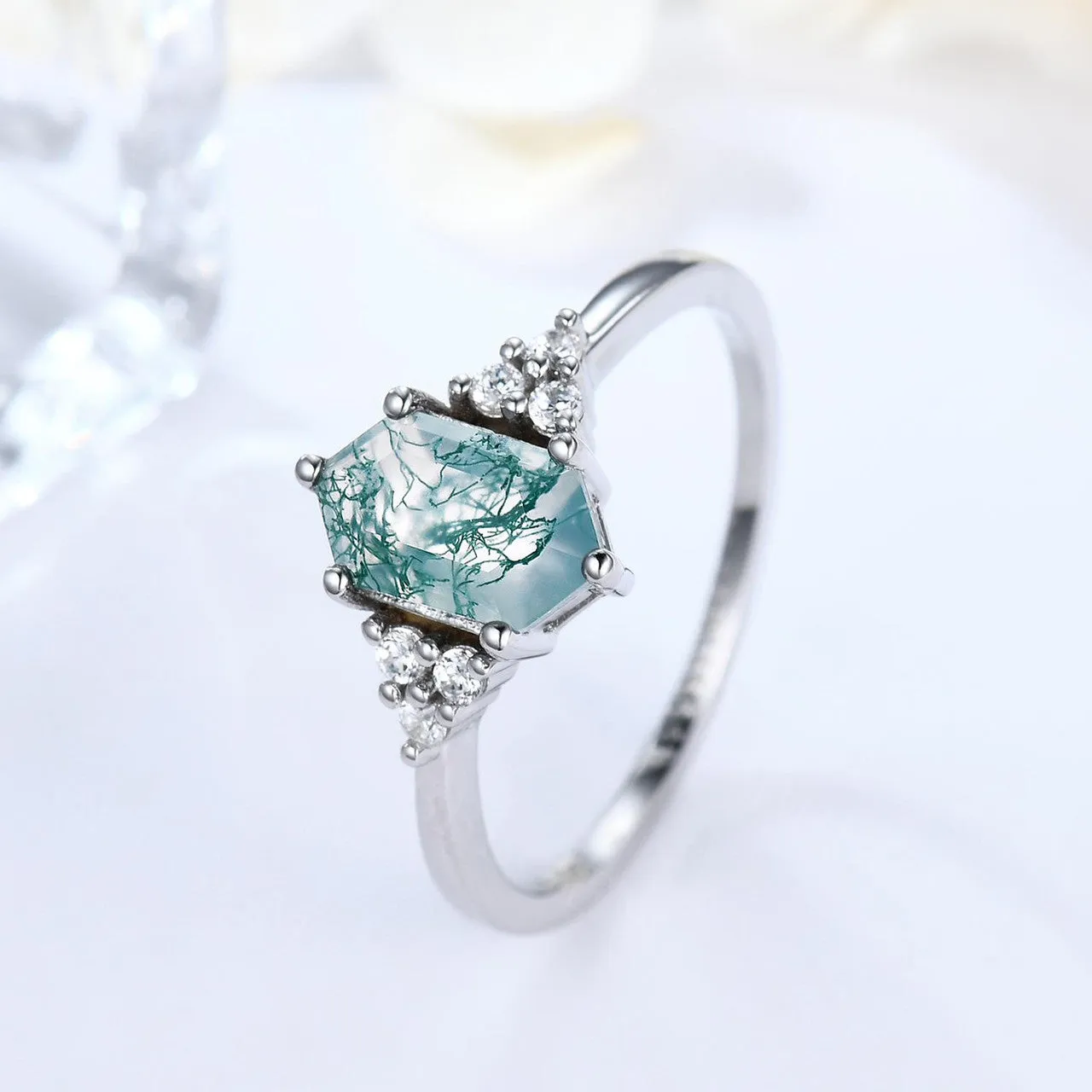 Long Hexagon Cut Moss Agate Engagement Ring With Cluster Diamond Accents Green Crystal Elongated White Gold