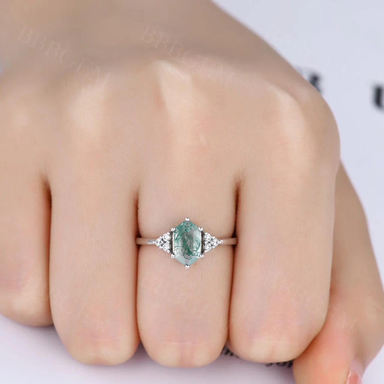 Long Hexagon Cut Moss Agate Engagement Ring With Cluster Diamond Accents Green Crystal Elongated White Gold