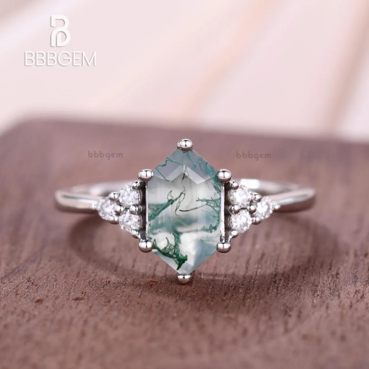 Long Hexagon Cut Moss Agate Engagement Ring With Cluster Diamond Accents Green Crystal Elongated White Gold