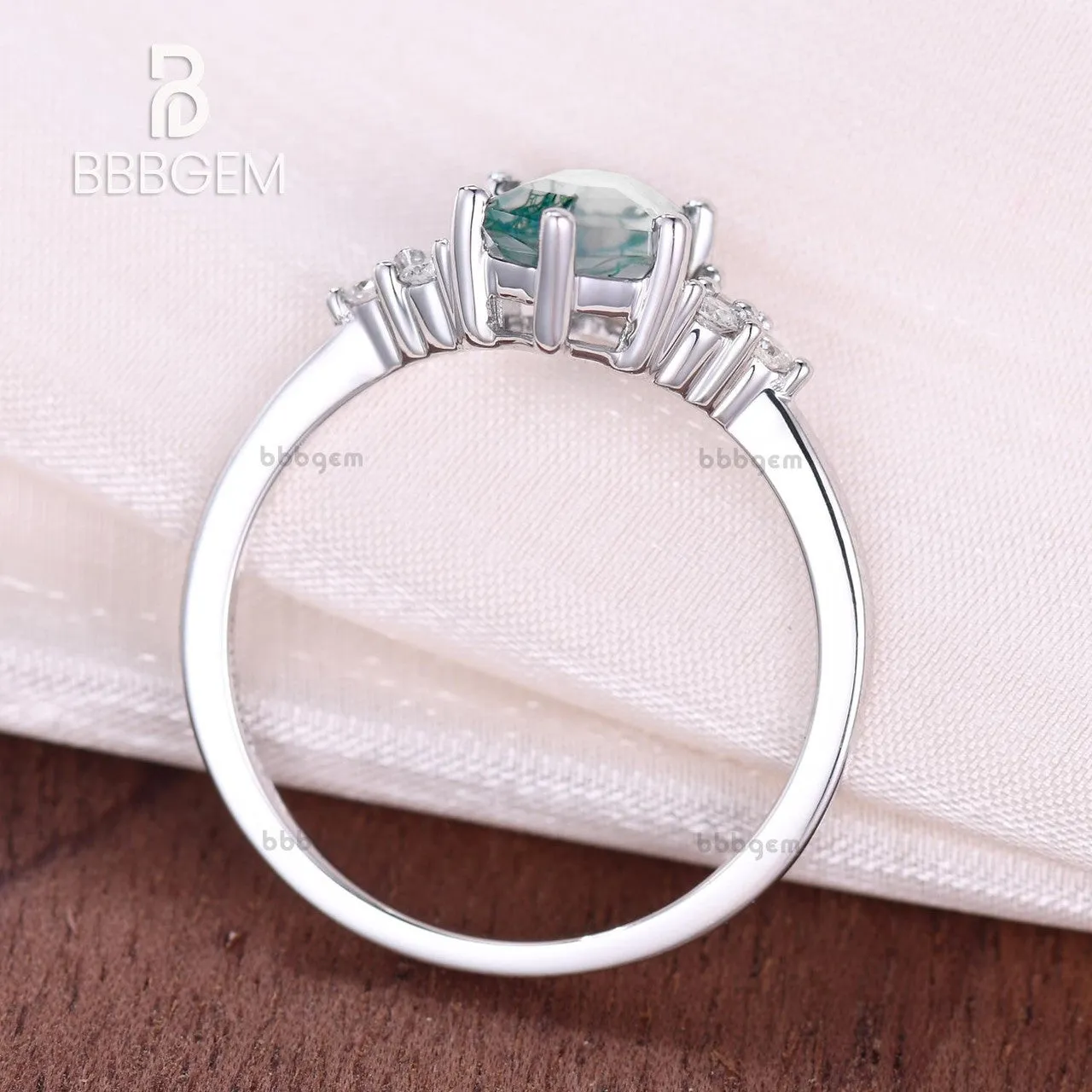 Long Hexagon Cut Moss Agate Engagement Ring With Cluster Diamond Accents Green Crystal Elongated White Gold