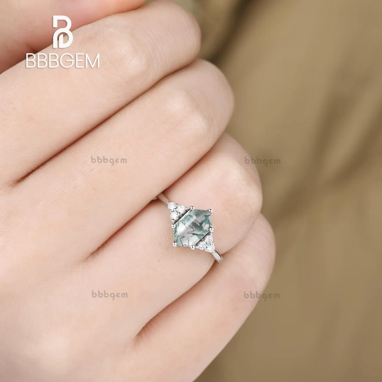 Long Hexagon Cut Moss Agate Engagement Ring With Cluster Diamond Accents Green Crystal Elongated White Gold