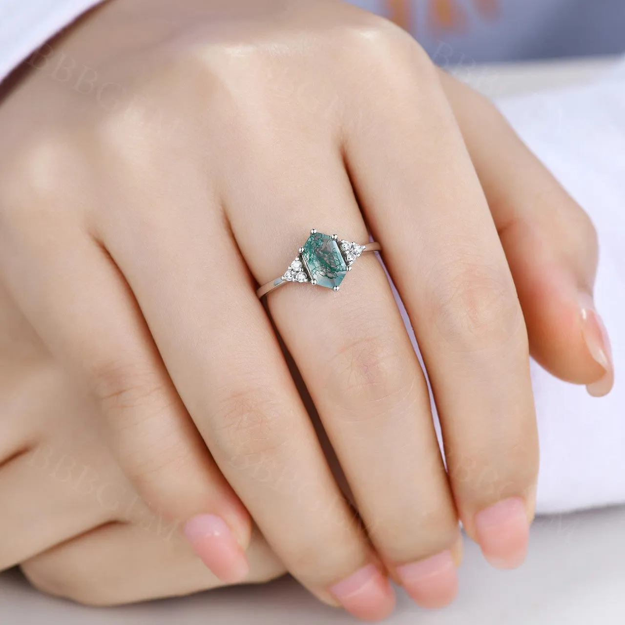 Long Hexagon Cut Moss Agate Engagement Ring With Cluster Diamond Accents Green Crystal Elongated White Gold