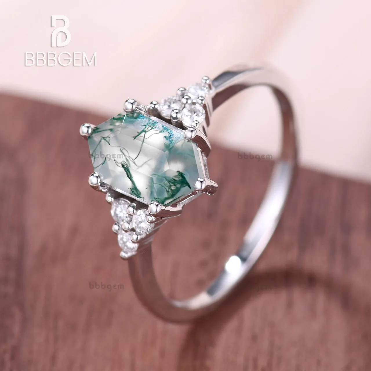 Long Hexagon Cut Moss Agate Engagement Ring With Cluster Diamond Accents Green Crystal Elongated White Gold