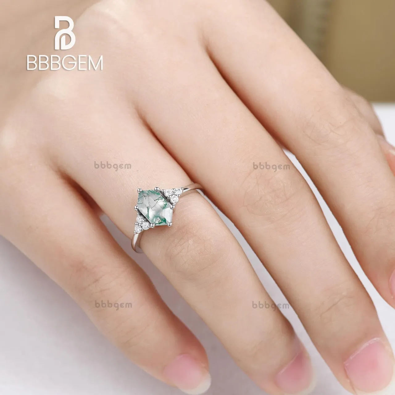 Long Hexagon Cut Moss Agate Engagement Ring With Cluster Diamond Accents Green Crystal Elongated White Gold