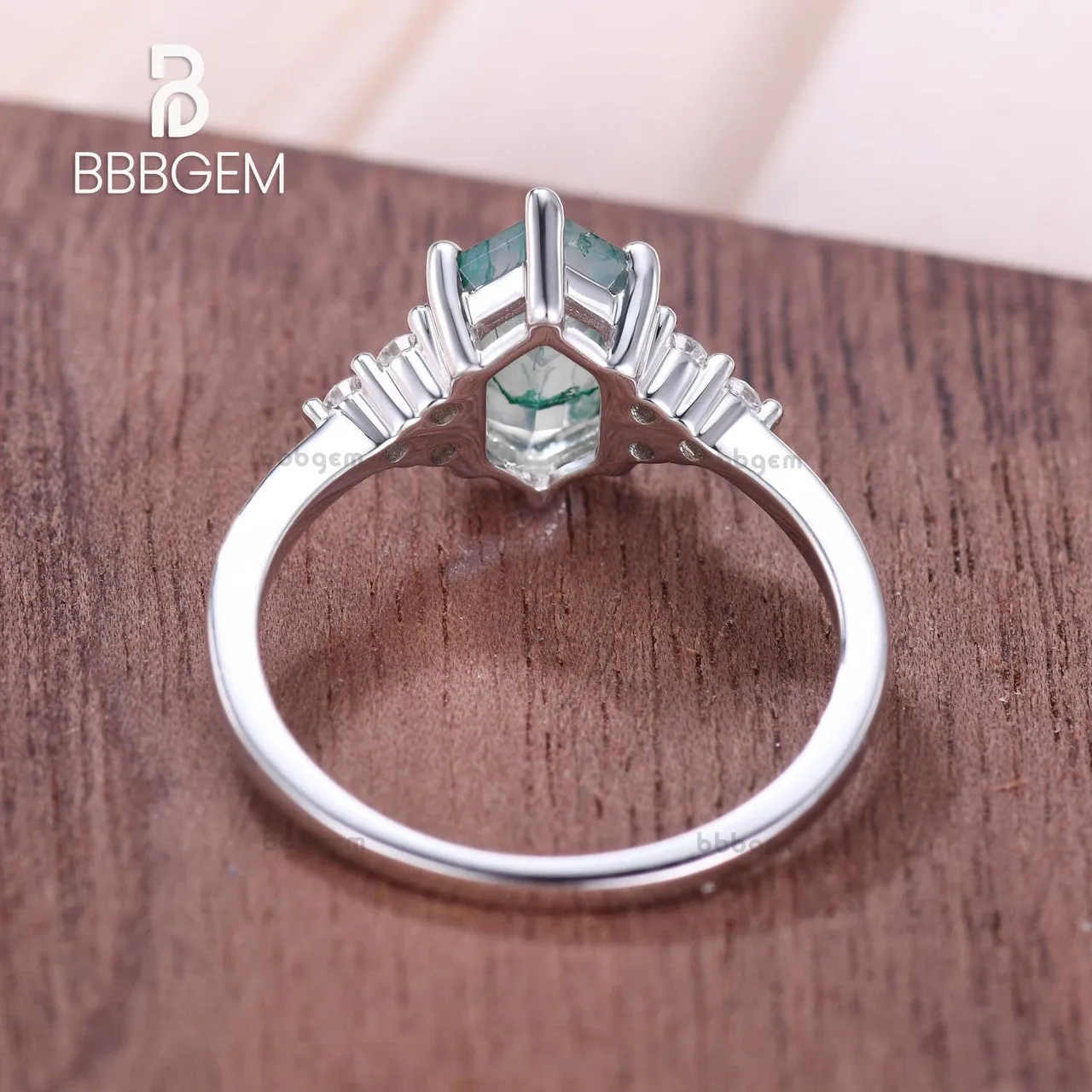 Long Hexagon Cut Moss Agate Engagement Ring With Cluster Diamond Accents Green Crystal Elongated White Gold