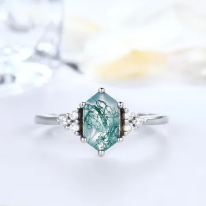 Long Hexagon Cut Moss Agate Engagement Ring With Cluster Diamond Accents Green Crystal Elongated White Gold