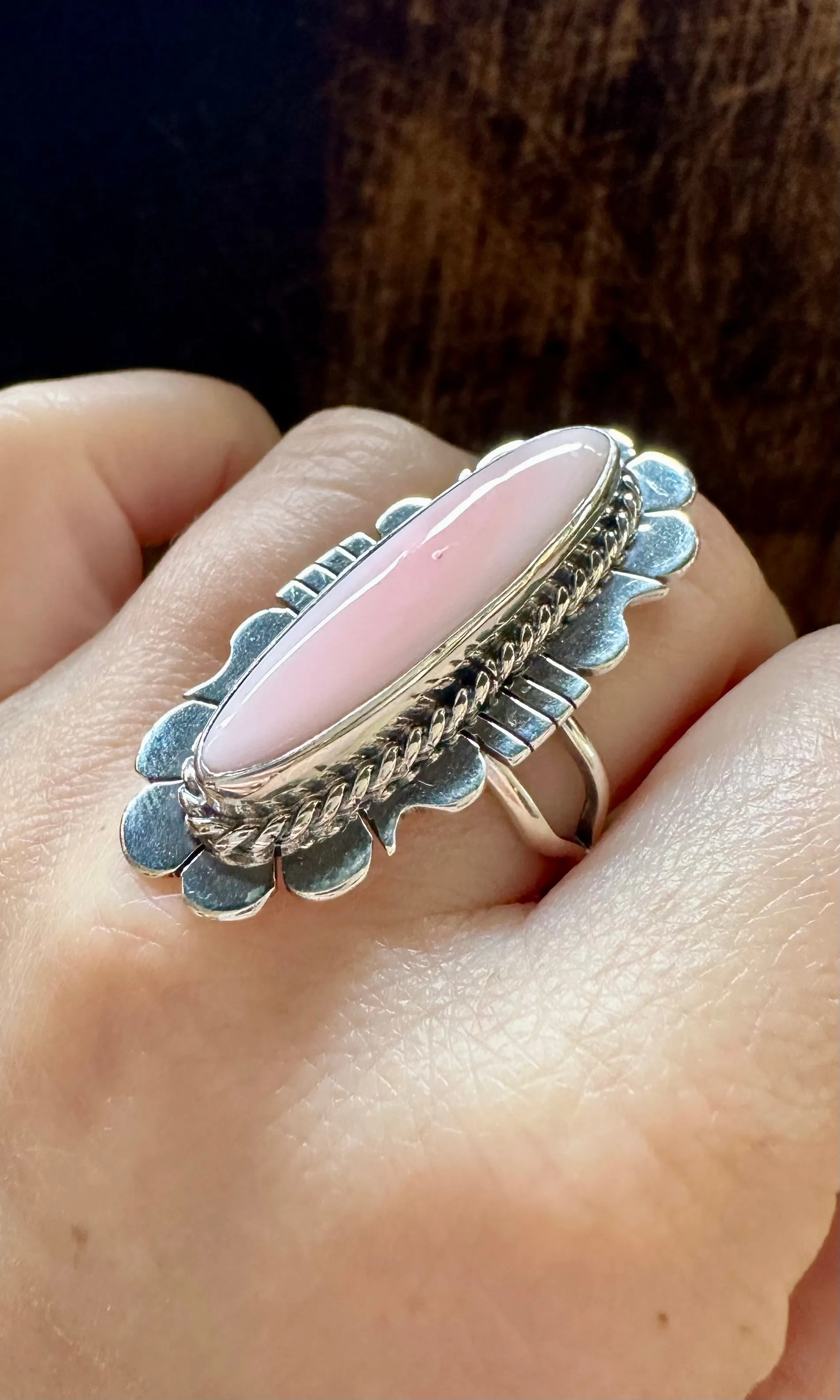 LUCIAN KOINVA Pink Conch Shell and Sterling Silver Statement Ring • Adjustable