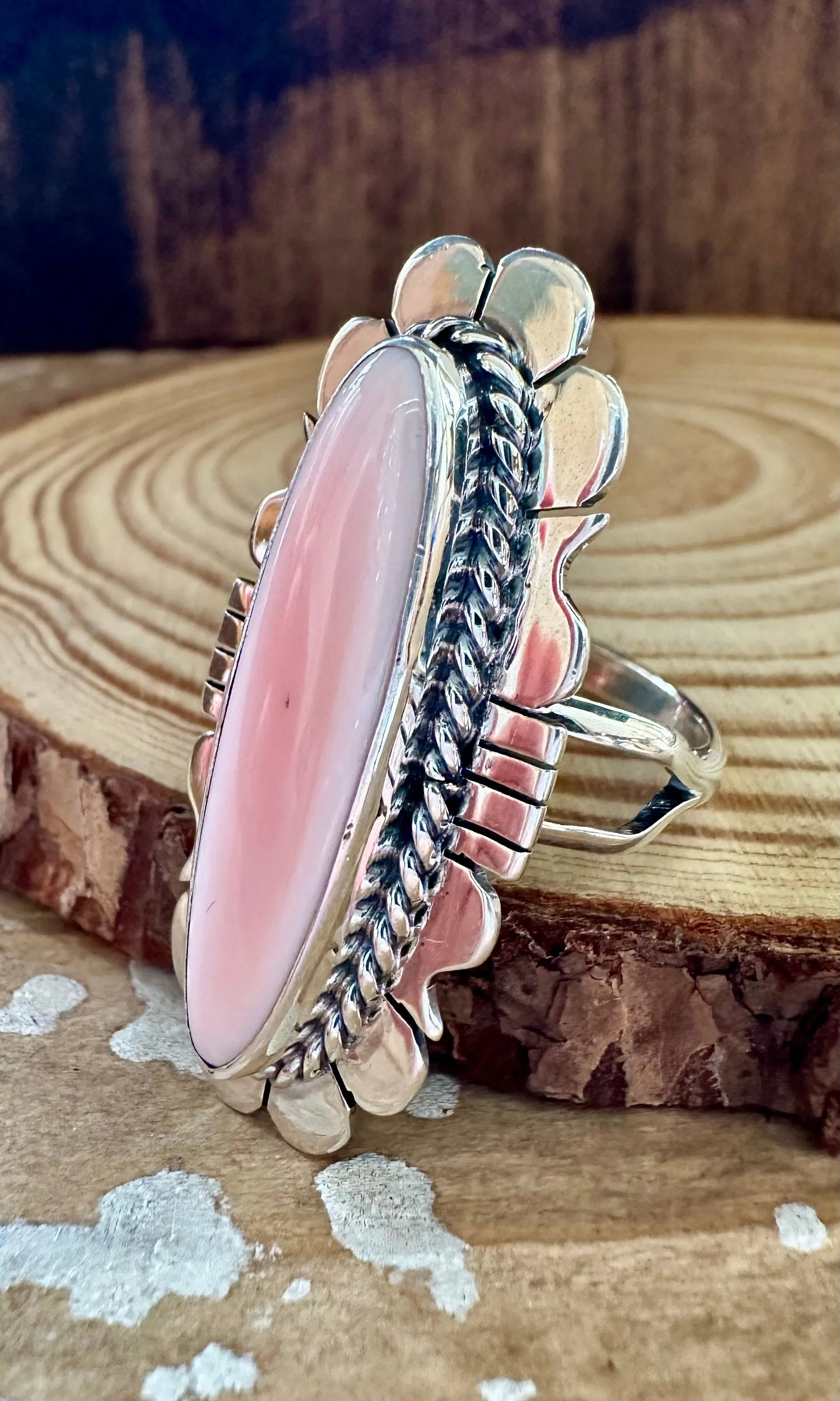 LUCIAN KOINVA Pink Conch Shell and Sterling Silver Statement Ring • Adjustable