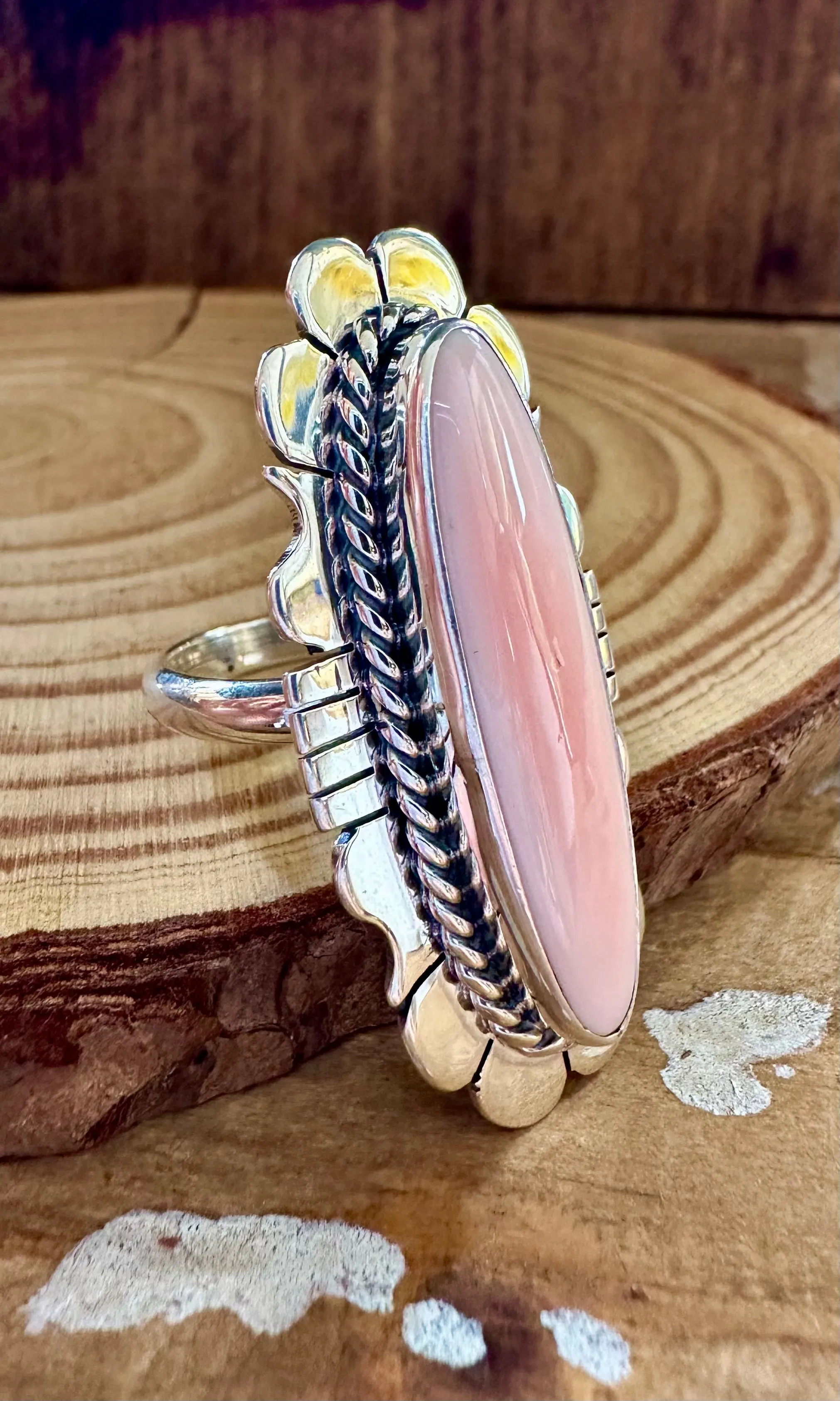 LUCIAN KOINVA Pink Conch Shell and Sterling Silver Statement Ring • Adjustable