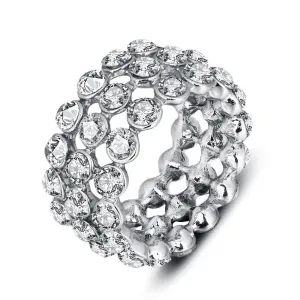 Luxurious Zinc Alloy Rhodium Plated Rings for Women with 3 Rows of Shiny White Cubic Zirconia Stones – Trendy Jewelry Gift