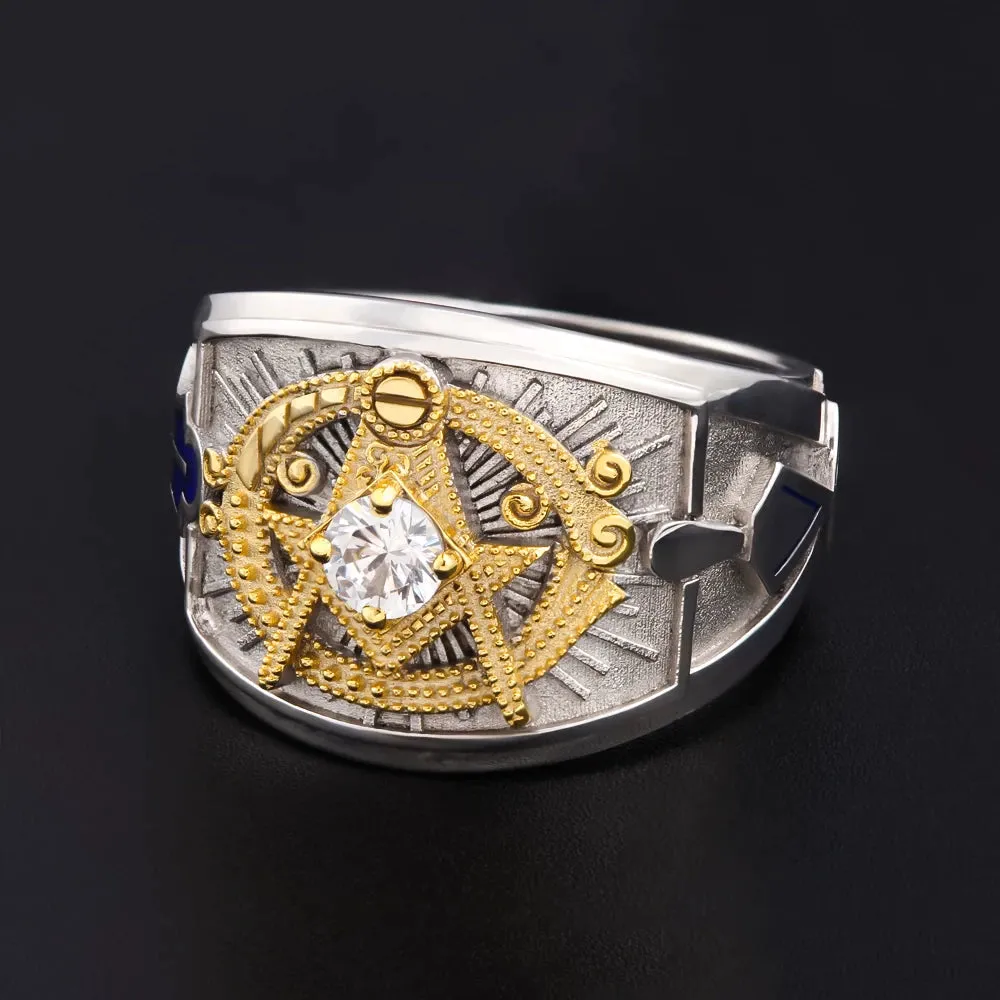 Master Mason Blue Lodge Ring - 925 Sterling Silver Ancient Square and Compass