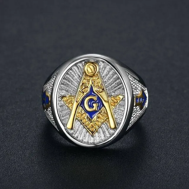 Master Mason Blue Lodge Ring - Compass and Square G Stainless Steel