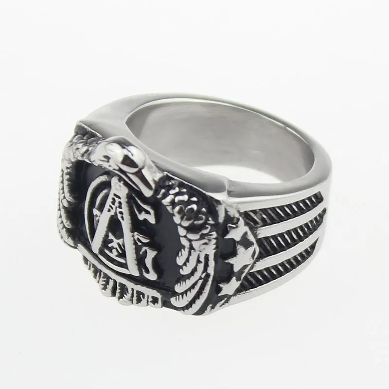 Master Mason Blue Lodge Ring - US Eagle Flag Square and Compass G Silver