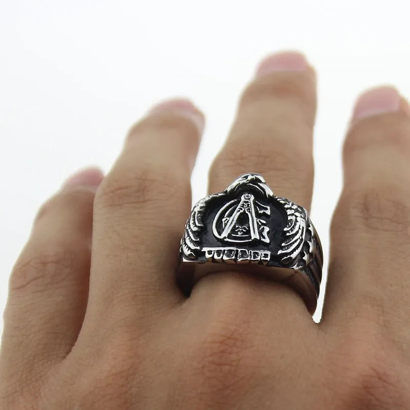 Master Mason Blue Lodge Ring - US Eagle Flag Square and Compass G Silver
