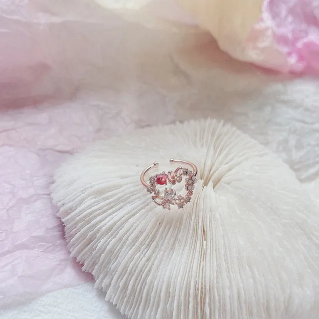 MENGJIQIAO 2020 Korean Sweet Heart Crystal Flower Cubic Zircon Adjustable Rings For Women Fashion Cute Butterfly Bague Jewelry