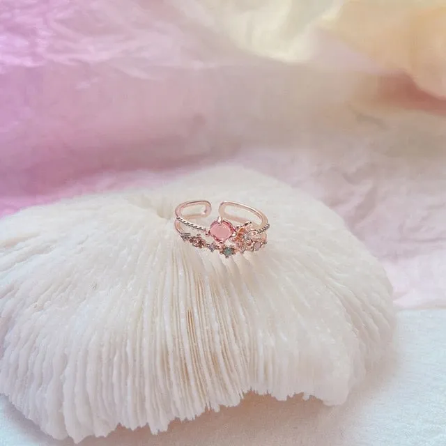MENGJIQIAO 2020 Korean Sweet Heart Crystal Flower Cubic Zircon Adjustable Rings For Women Fashion Cute Butterfly Bague Jewelry